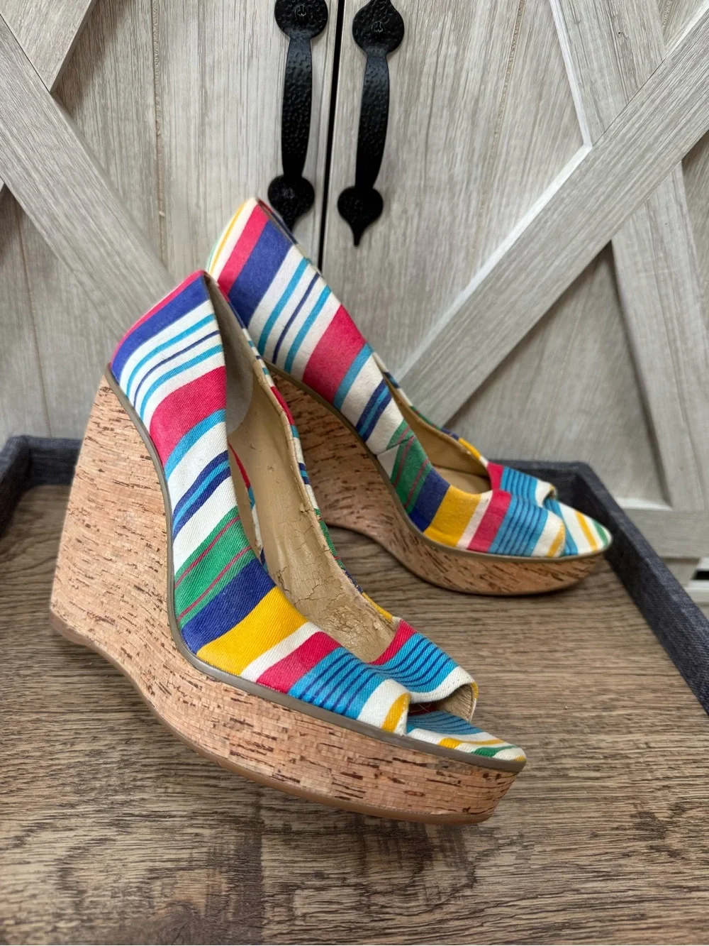 Nine West Multicolor Striped Peep-Toe Cork Platform Wedges (9.5)